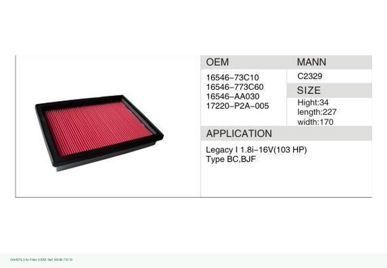 DAHEFILS Air Filter 16546-73C10