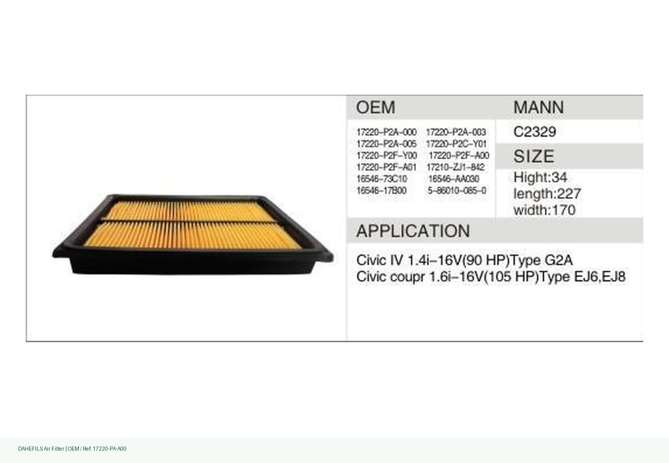 DAHEFILS Air Filter 17220-PA-A00