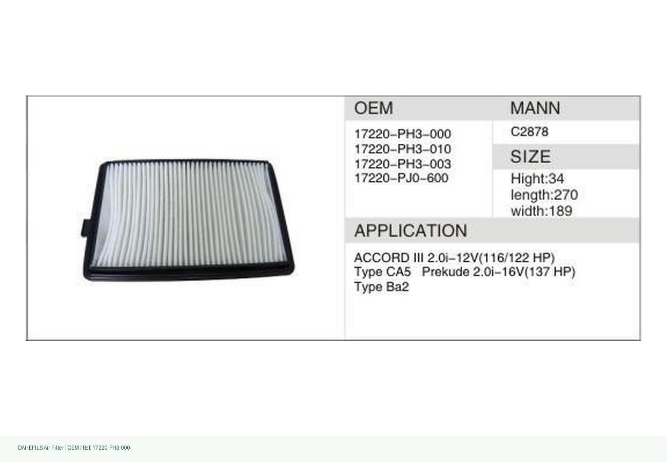 DAHEFILS Air Filter 17220-PH3-000