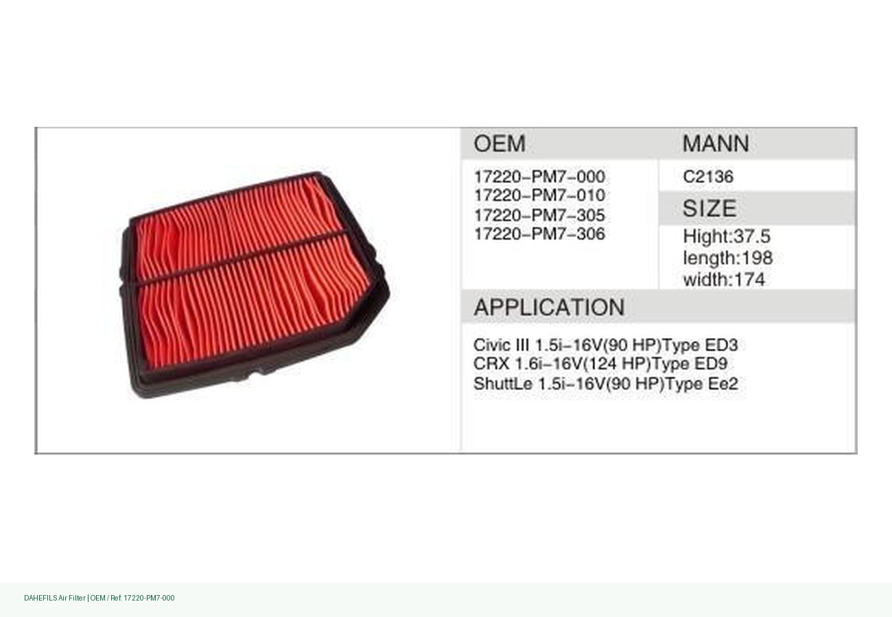 DAHEFILS Air Filter 17220-PM7-000