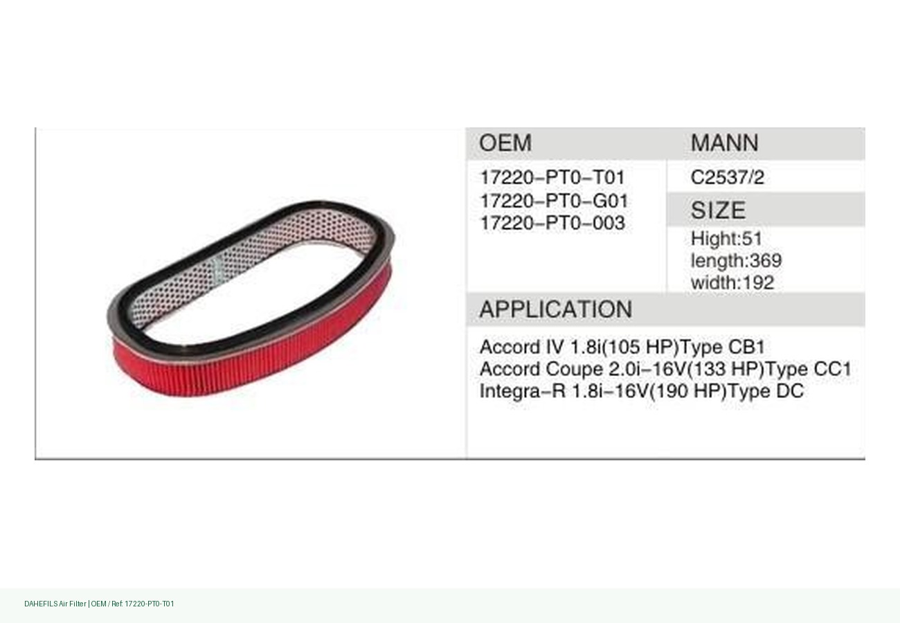 DAHEFILS Air Filter 17220-PT0-T01