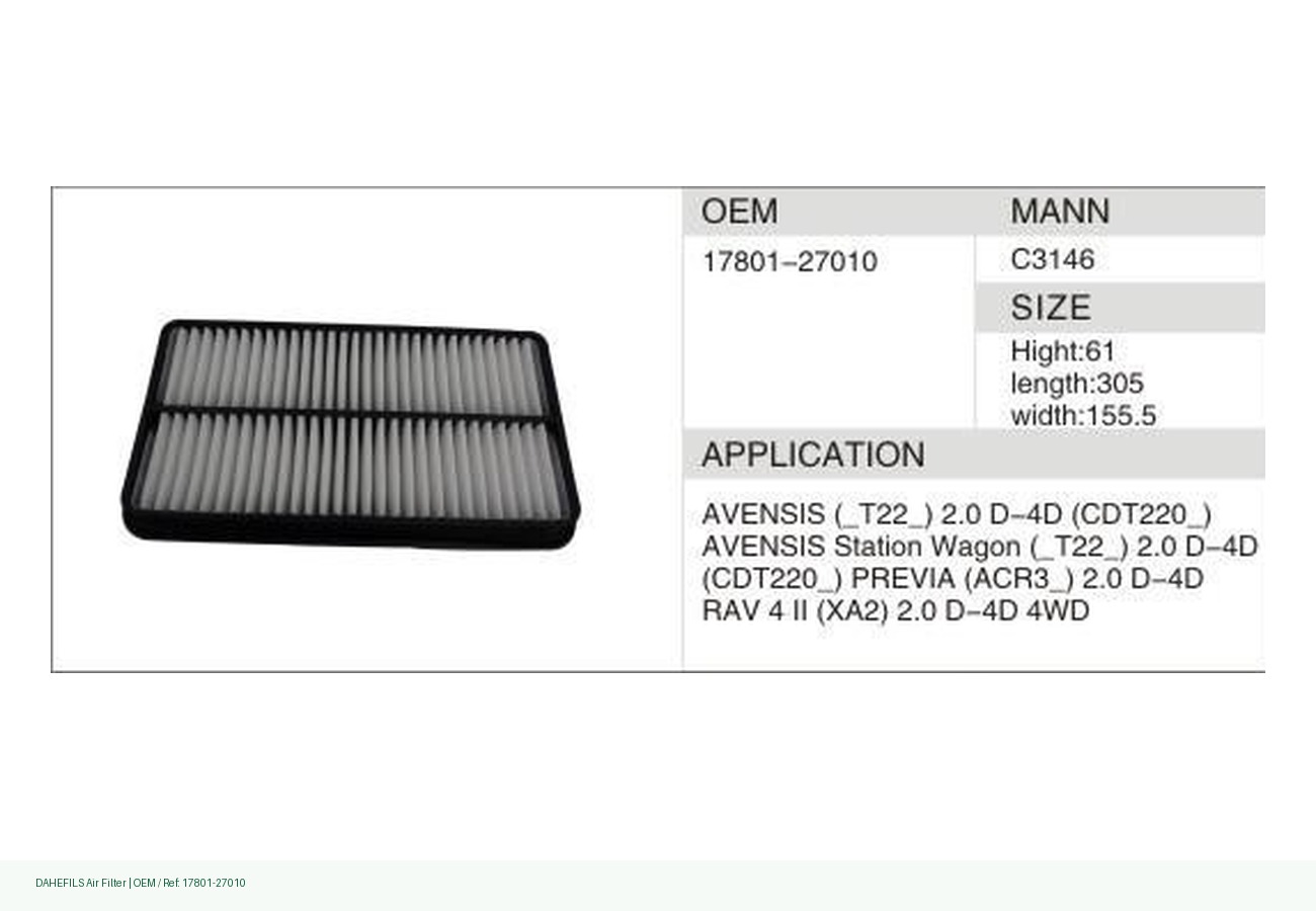 DAHEFILS Air Filter 17801-27010