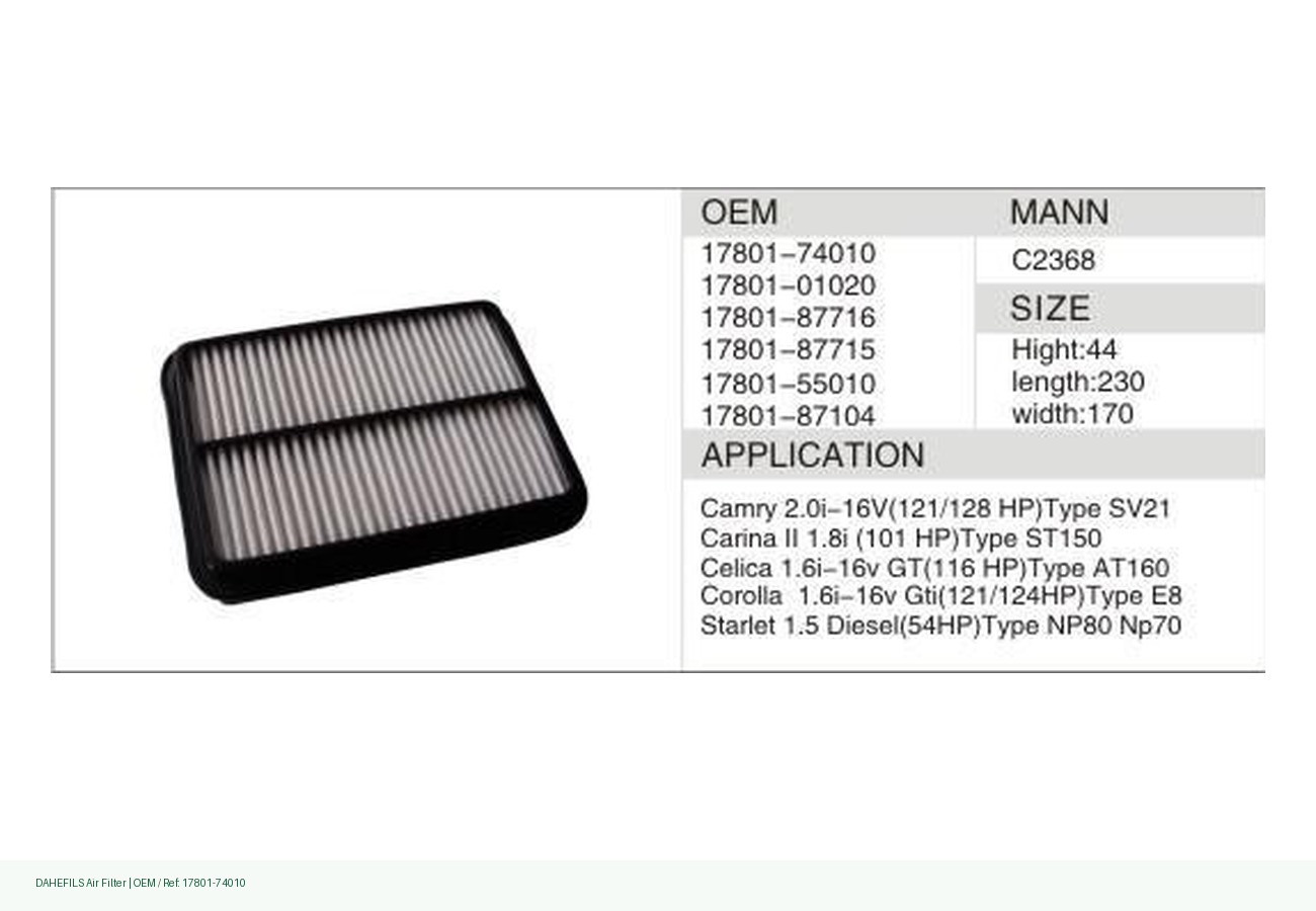 DAHEFILS Air Filter 17801-74010
