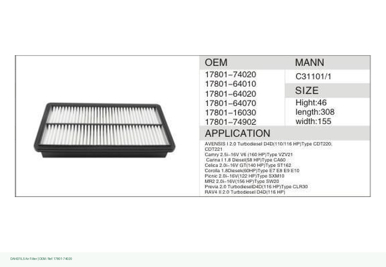 DAHEFILS Air Filter 17801-74020