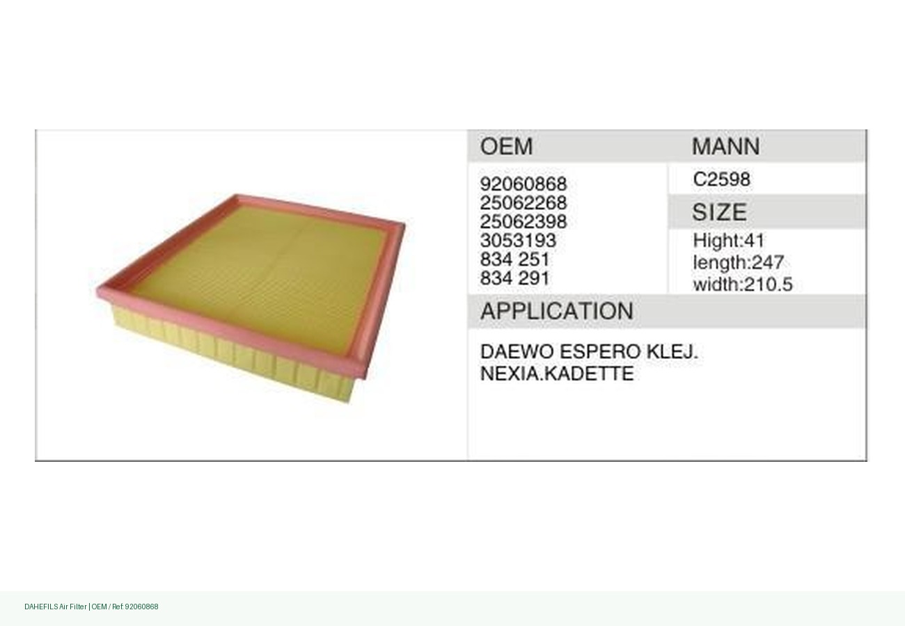 DAHEFILS Air Filter 92060868